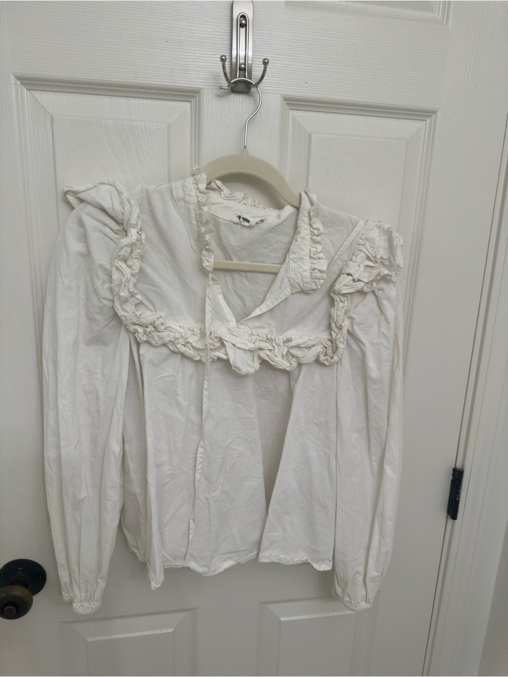 Ruffled Tie-Neck White Blouse - Picture 2 of 3